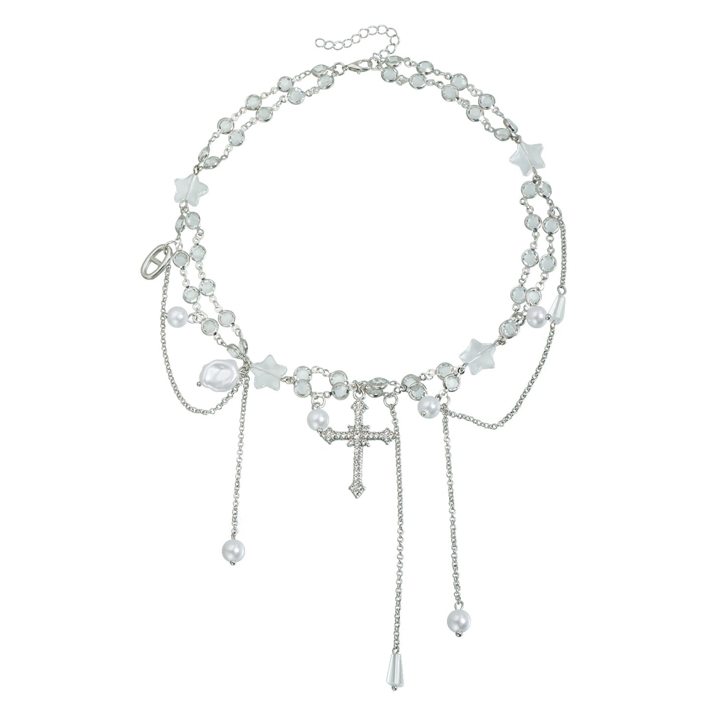 Sweet Minimalist Geometric Cross Star Alloy Plated Necklace with Pearl and Crystal Inlay for Women