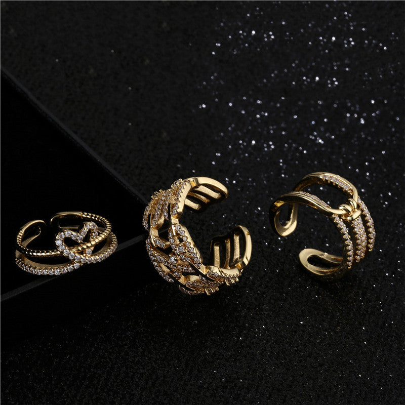 Geometric Micro-Inlaid Cubic Zirconia Brass Ring for Women