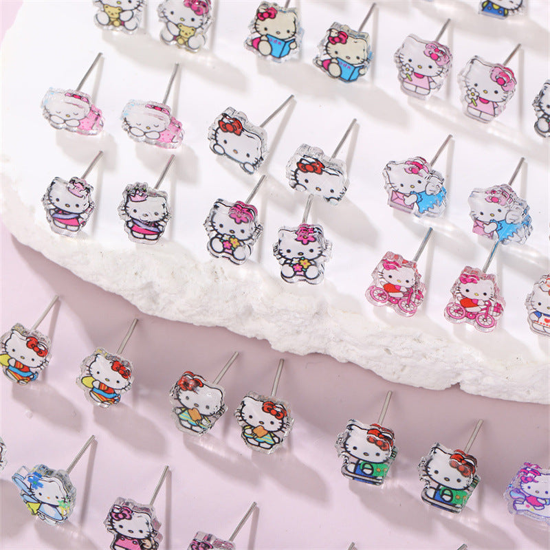 Bonito conjunto de pendientes de tuerca con lazo de gato de dibujos animados de KT para niñas, joyería de resina plástica para niños, regalo de cumpleaños o Año Nuevo