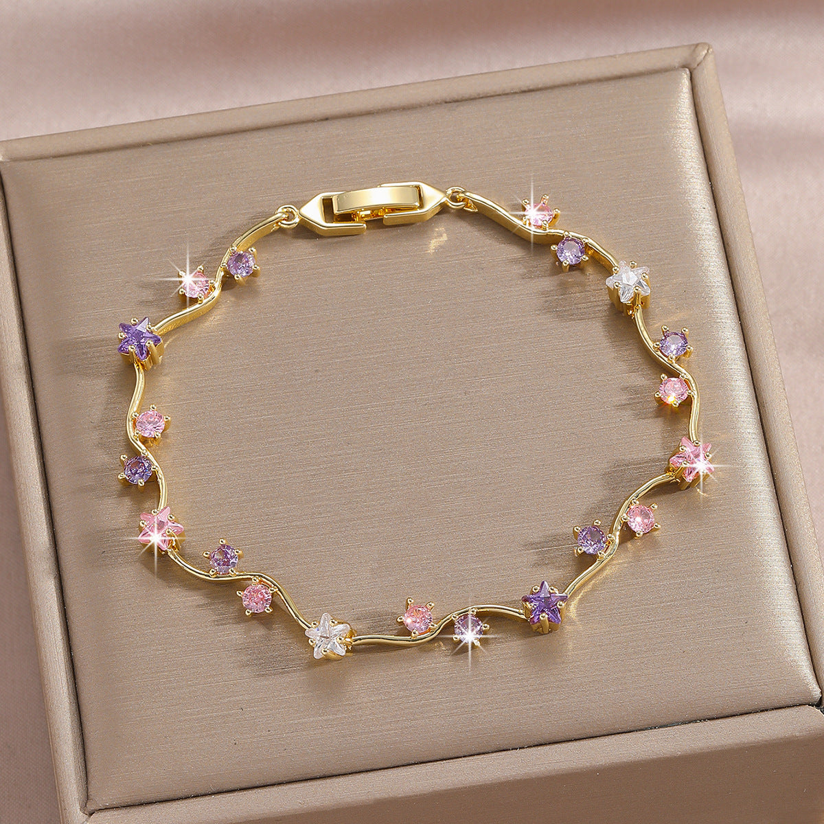 Luxury Gold Plated Brass Leaf Bracelet with Cubic Zirconia Inlay Unisex Floral Design