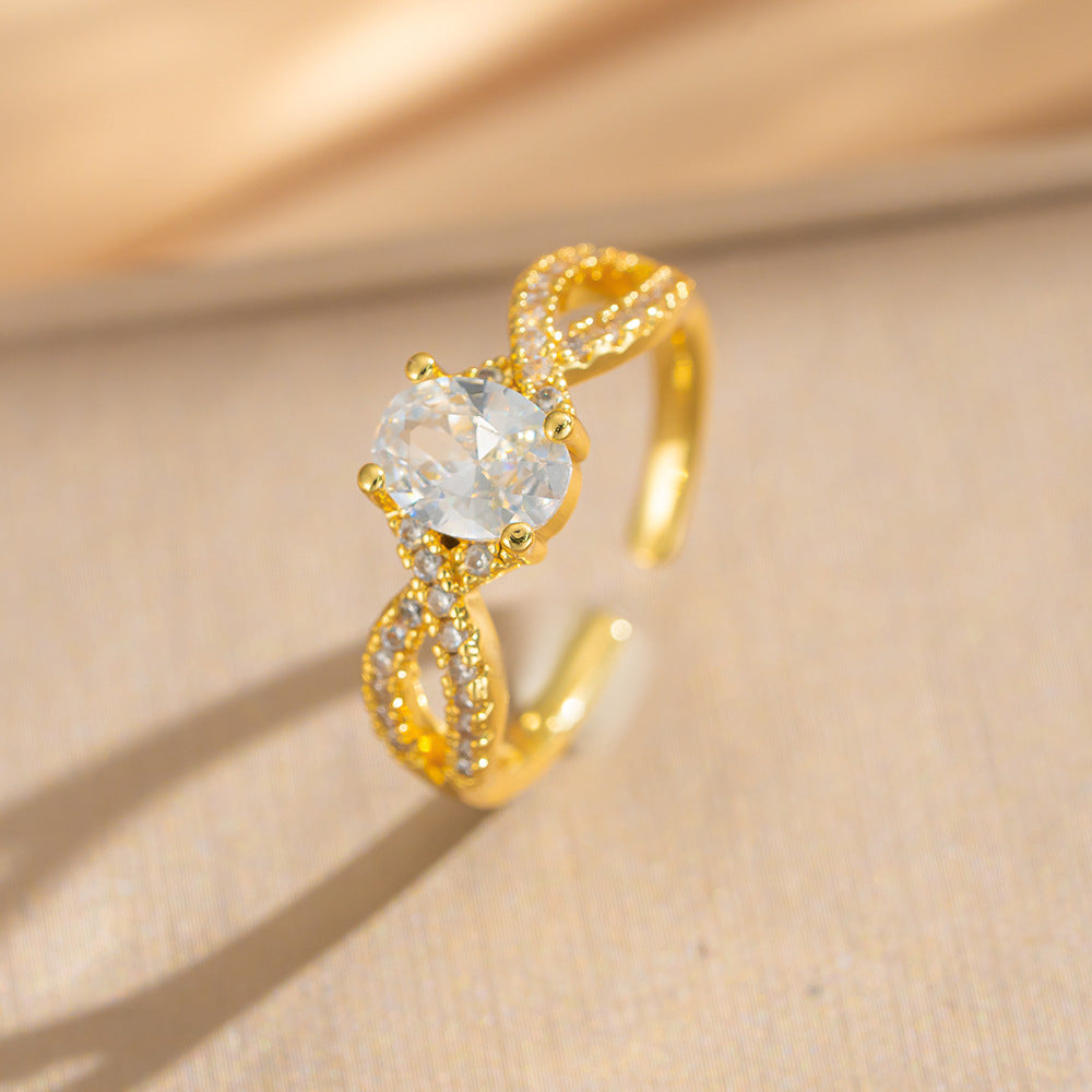Luxury Minimalist Adjustable Open Ring for Women with Gold-Plated Copper Band and Zircon Stone Accent in Heart and Floral Shape