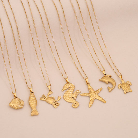 Personalized Stainless Steel Ocean Animal Pendant Necklace with Electroplated Finish - Starfish, Turtle, Seahorse & Tropical Fish Designs