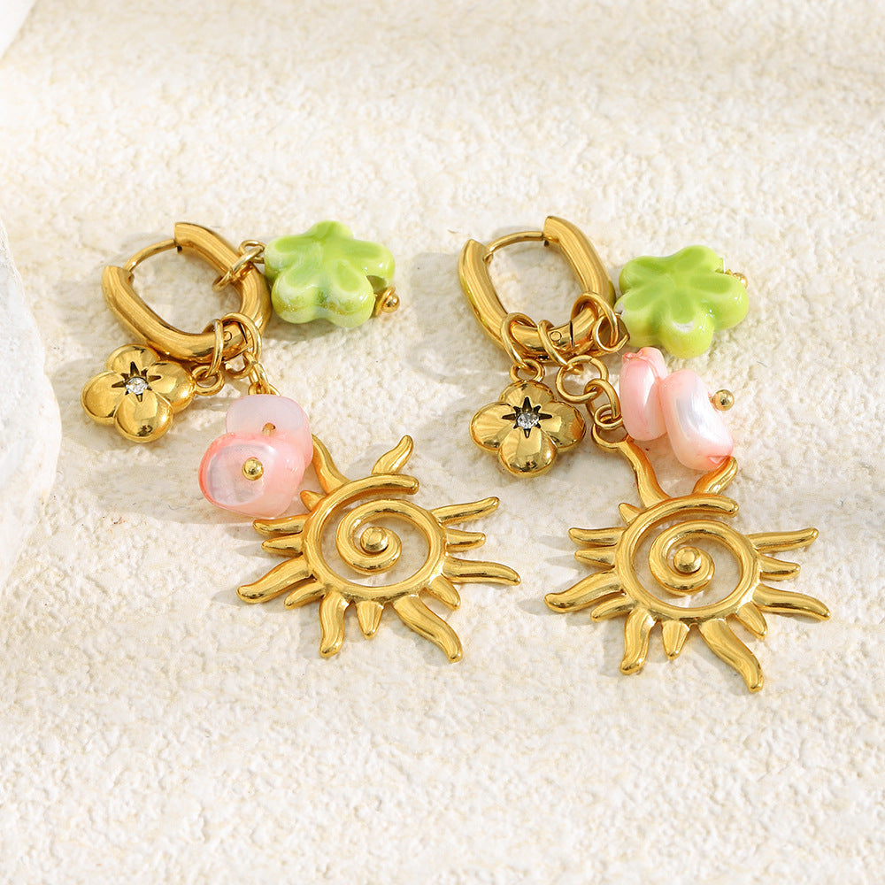 Vintage Luxury 18K Gold Plated Stainless Steel Geometric Flower Sun Tassel Earrings for Women