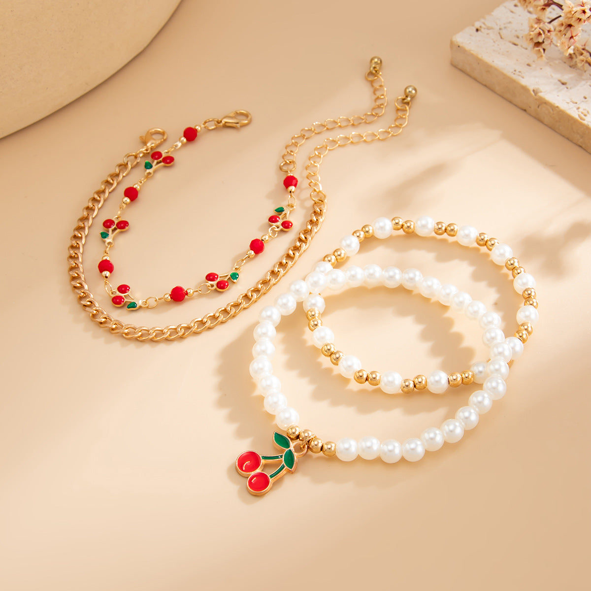 Sweet Drip Oil Imitation Pearl Cherry Bracelet Set for Women