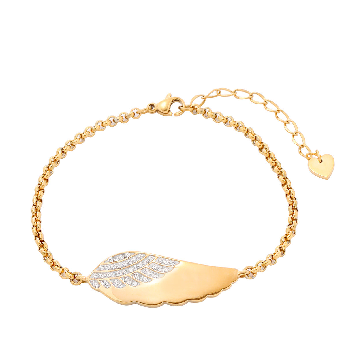 Bracciale da donna in acciaio inossidabile placcato oro 18 carati con strass e ala d'angelo geometrica alla moda