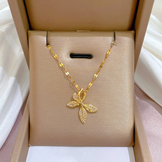 Minimalist Leaf-Shaped Titanium Steel Necklace with Micro-Pavé Rhinestones for Women