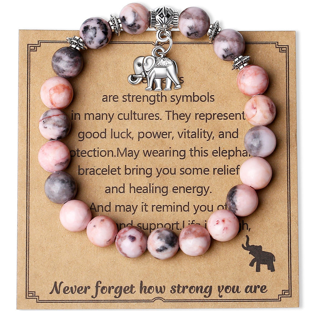 8mm Natural Stone Charm Bar Bracelet with Elephant Amethyst Amazonite Rose Quartz Fluorite Unisex Handmade Jewelry