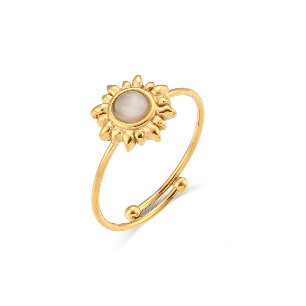 Anello da donna regolabile in acciaio inossidabile con agata nera e occhio di gatto, stile geometrico vintage alla moda