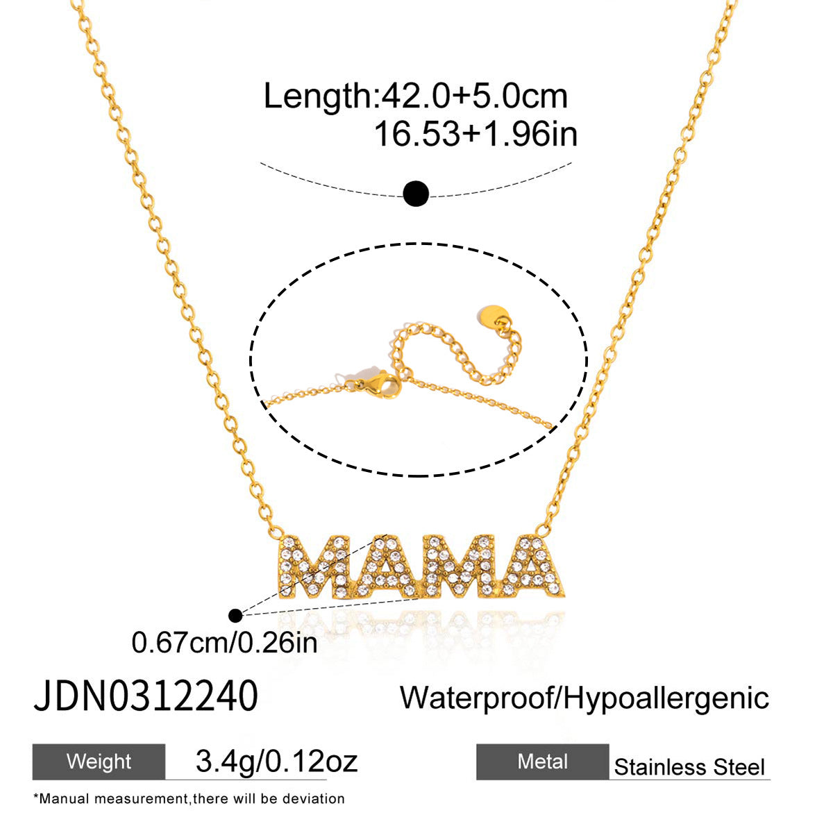 Collar para mujer de acero inoxidable con letras "Mama" geométricas minimalistas y chapado en oro PVD