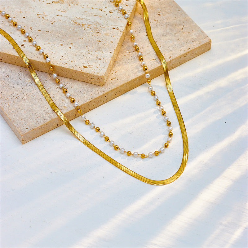 Geometric Irregular Metal Beaded Titanium Steel Flat Snake Chain Double Layer Necklace for Women