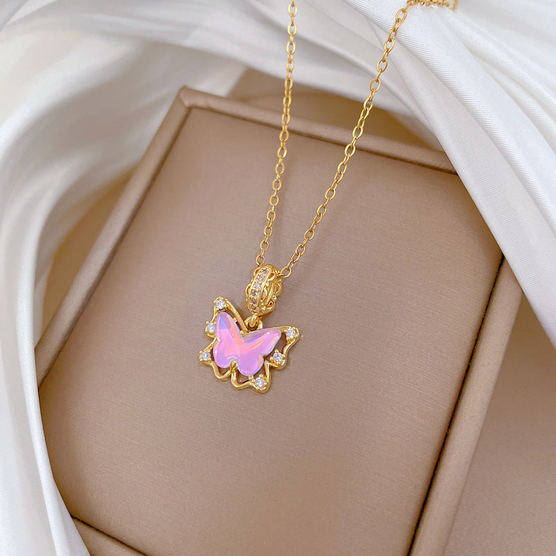 Pink Butterfly Shaped Zirconia Encrusted Necklace for Women with Titanium Steel Chain Minimalist Elegant Locket Style