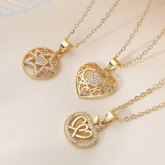 Minimalist Vintage Gold Plated Brass Heart Cubic Zirconia Pendant Necklace for Women