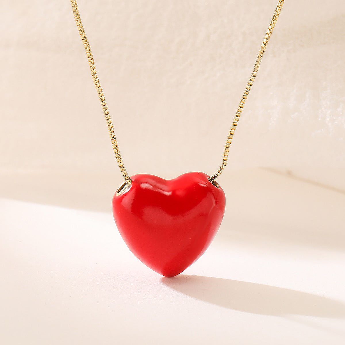 Minimalist Red Enamel Heart Pendant Necklace for Women with Copper Chain