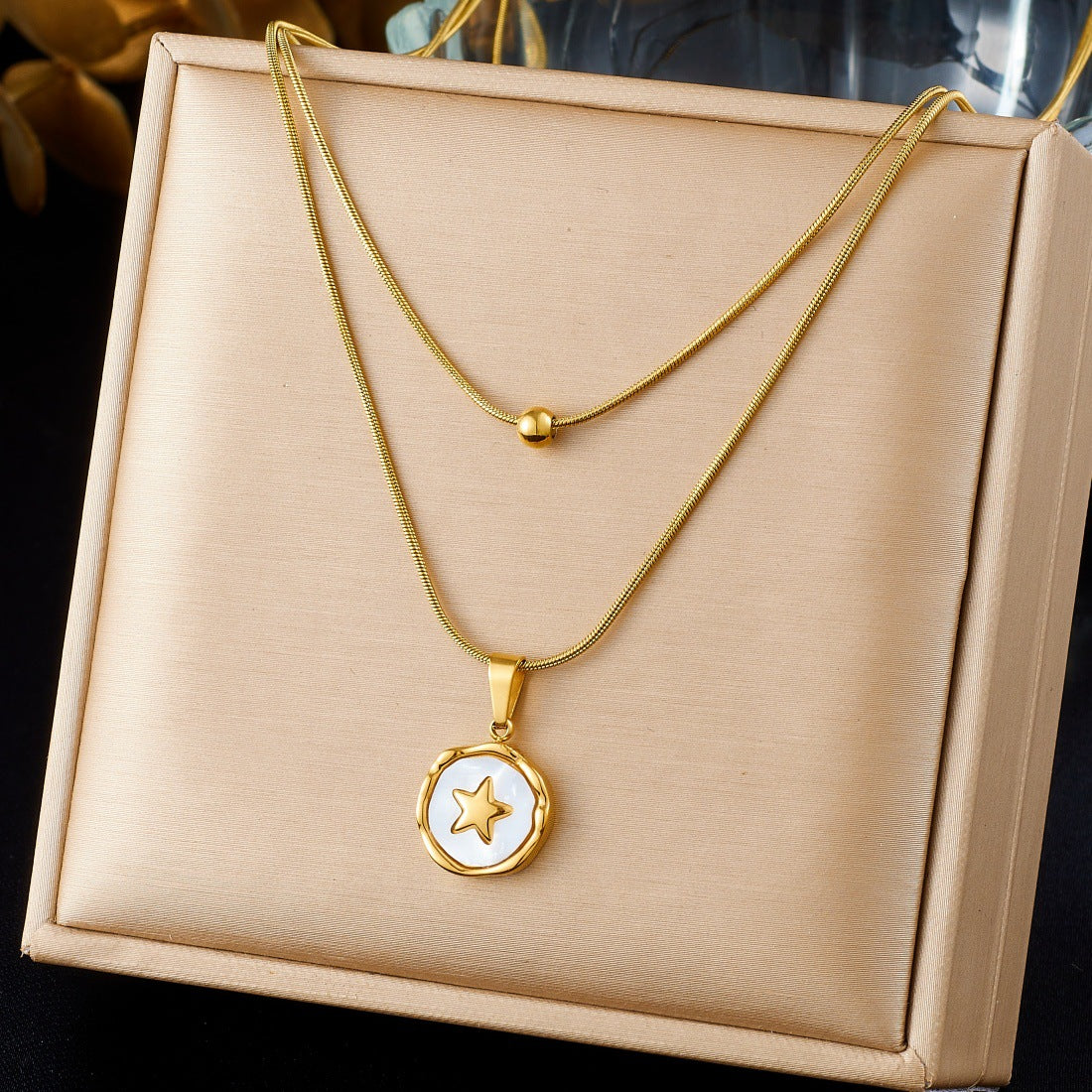 Vintage Gold Plated Stainless Steel Round Square Geometric Butterfly Floral Pendant Necklace with Snake Chain