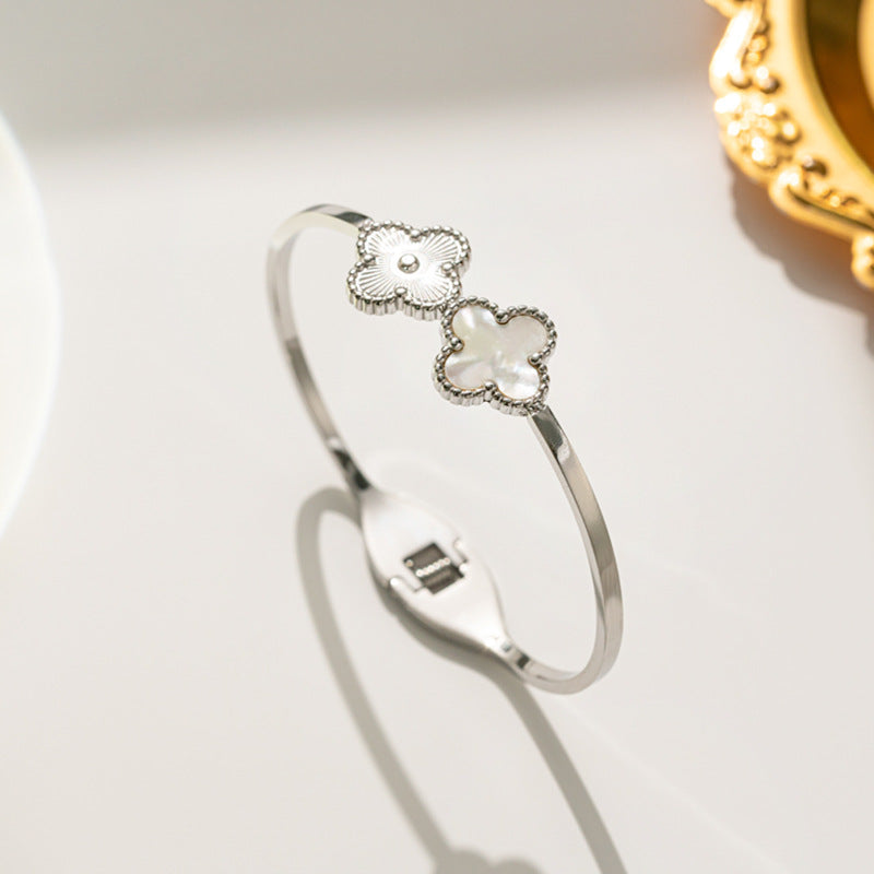 Minimalist Four-Leaf Clover Titanium Steel Bracelet for Women with Polished Finish and Adjustable Opening Design