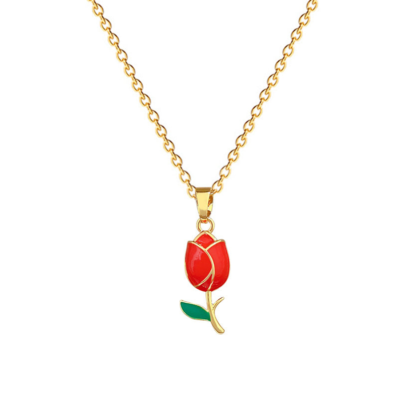 Minimalist Sweet Drip Oil Geometric Floral Rhinestone Pendant Necklace Titanium Steel Cable Chain for Unisex