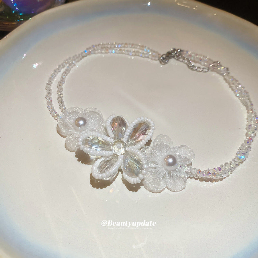 Elegante Collana Floreale da Donna in Acciaio Inossidabile con Perline di Cristallo e Finitura Placcata, Delicata Catena alla Clavicola
