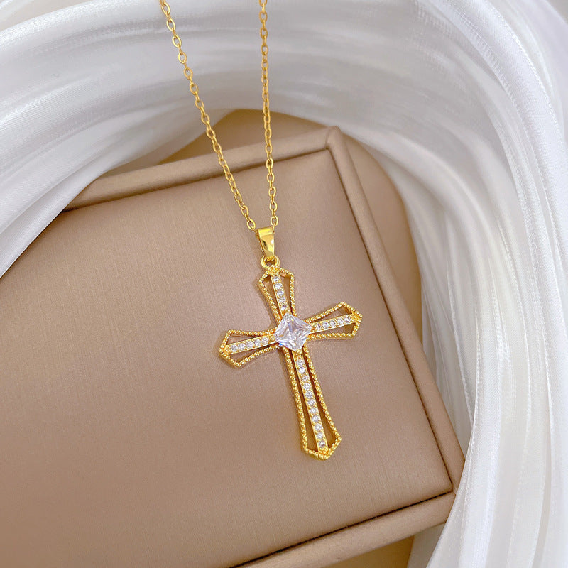 Sweet Minimalist Hollow Cross Rhinestone Titanium Steel Necklace for Unisex