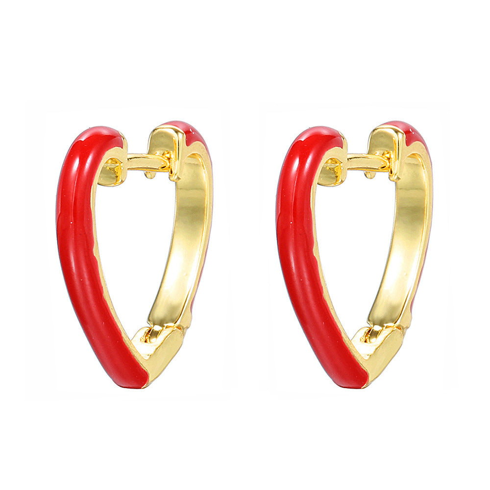 Minimalist Red Heart Gold Plated Drip Oil Brass Earrings for Women