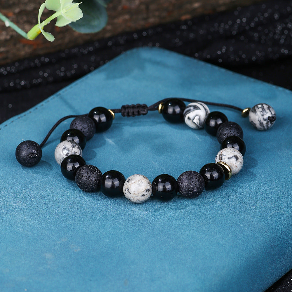Casual Handmade Round Obsidian Volcanic Stone Beaded Bracelet 10mm Geometric Unisex Jewelry