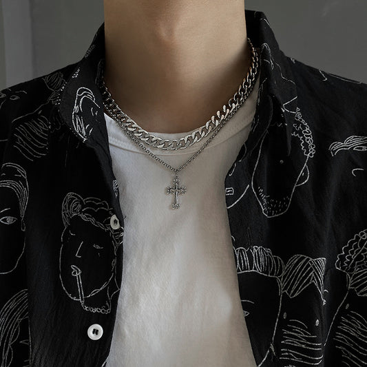 Minimalist Cross Pendant Cuban Link Necklace in Titanium Steel with Polished Finish for Unisex Wear