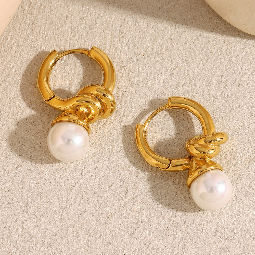 Vintage French Style 18K Gold Plated Stainless Steel Knotted Heart Pearl Hoop Earrings for Women