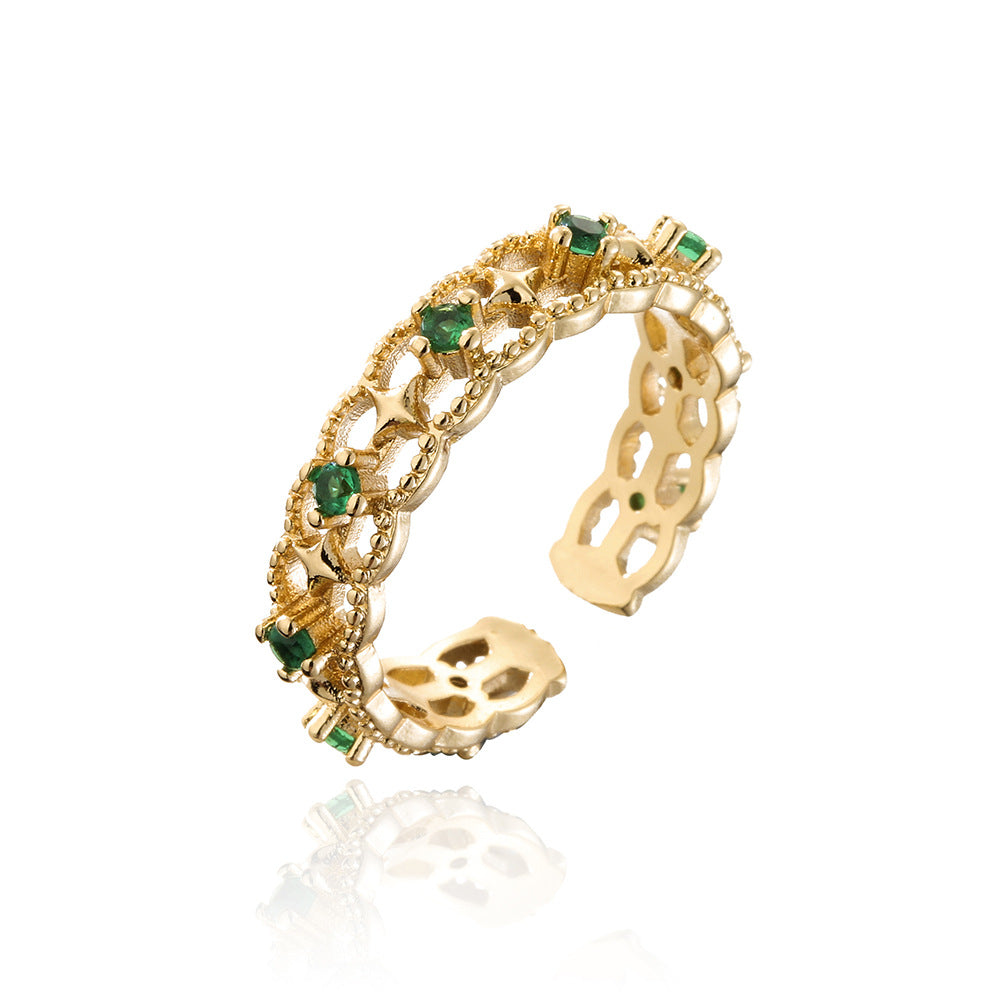 Vintage Minimalist Geometric Copper Ring with 18K Gold Plating and Micro-Paved Green Zirconia for Women