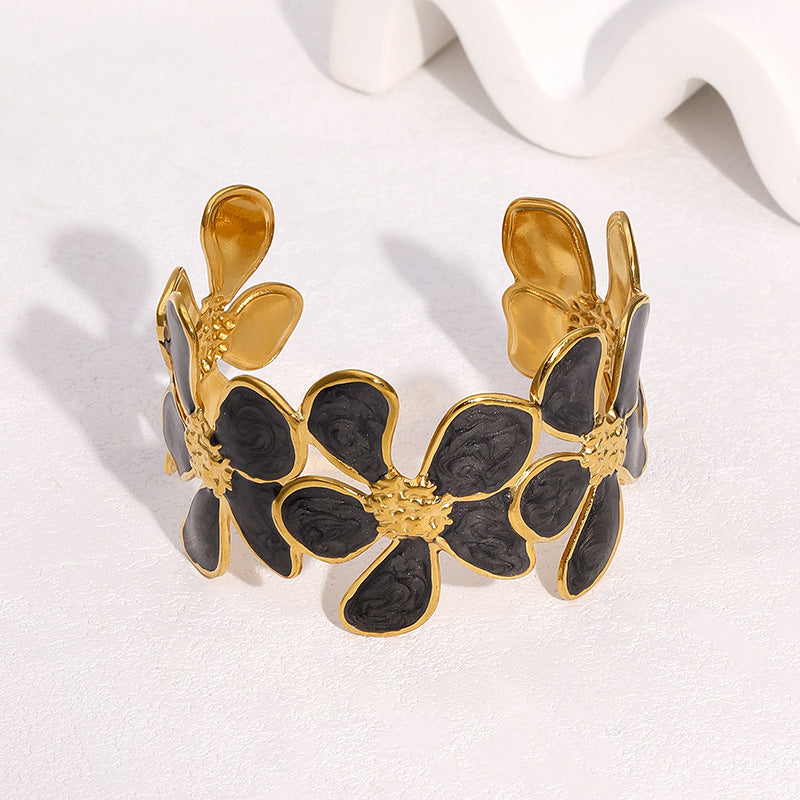 Minimalist 18K Gold Plated Stainless Steel Flower Open Cuff Bracelet Lightweight Fashion Jewelry