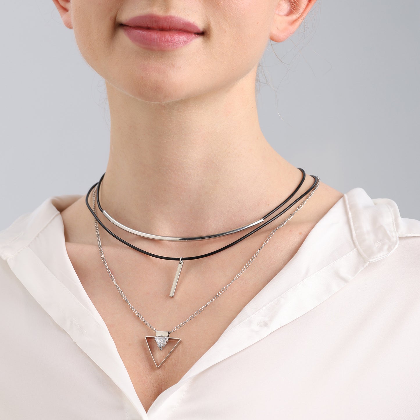 Geometric Triangle Zircon Pendant Necklace for Women with Alloy Chain and Electroplated Finish, Multi-Layer Clavicle Necklace
