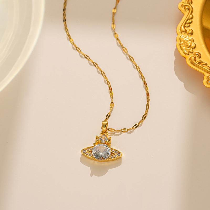 Luxury Geometric Planet Pendant Necklace for Women in Titanium Steel with Micro-Pave Zirconia and Polished Waterwave Chain