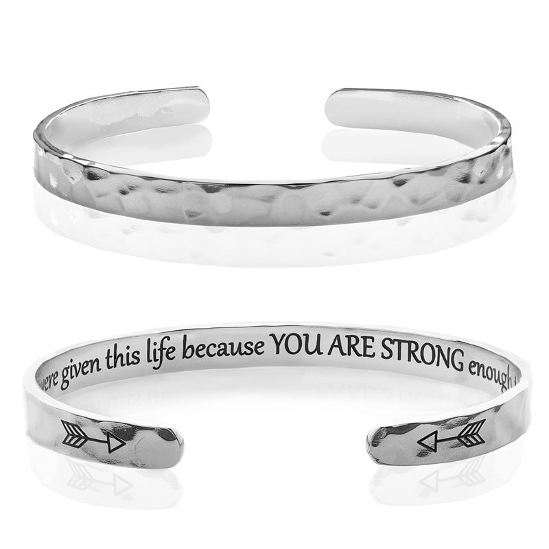 Minimalist Stainless Steel Engraved Open Moon Surface Textured Hammered Bracelet