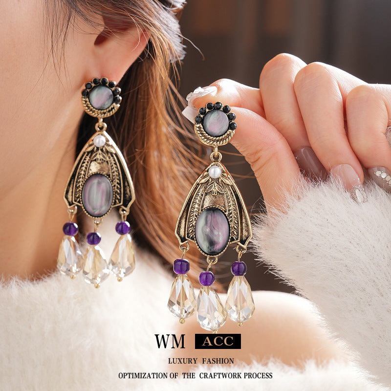 Vintage Floral Tassel Earrings with Rhinestones in Silver Plated Setting for Women