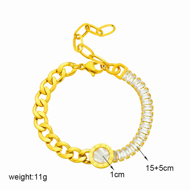 Fashionable Irregular Round Pendant Stainless Steel Bracelet with Rhinestone Accents and Plated Finish