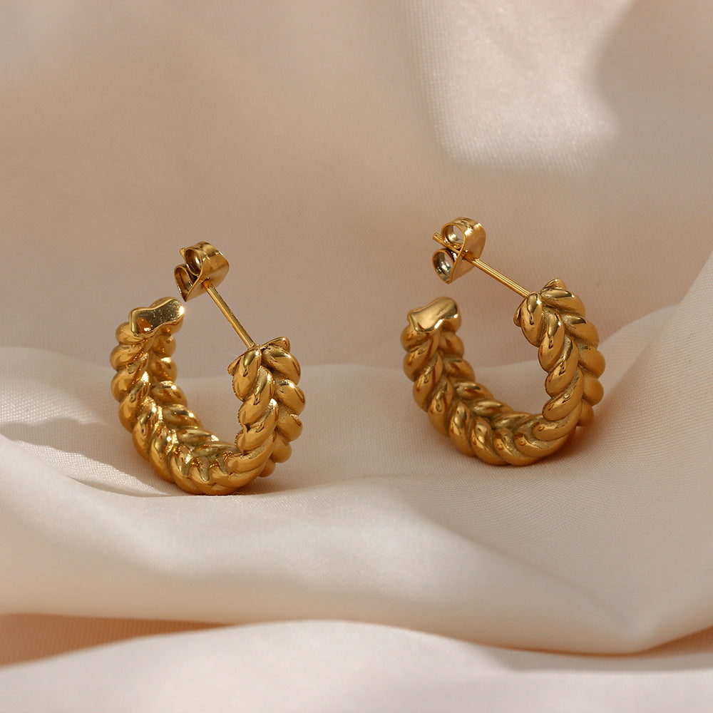 Minimalist Geometric Stainless Steel C-Shaped Hoop Earrings with 18K Gold Plating and Wheat Pattern