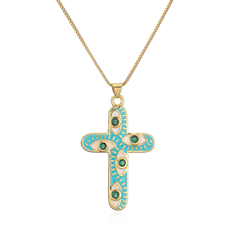 Geometric Pendant Necklace for Women with Copper Base Plated in 18K Gold and Enamel-Finished Zirconia Eye Detail