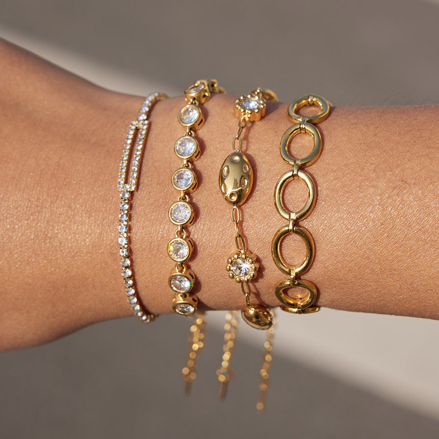 Bracciale da donna in acciaio inossidabile con motivo geometrico floreale, placcatura in oro 18 carati e intarsi in strass