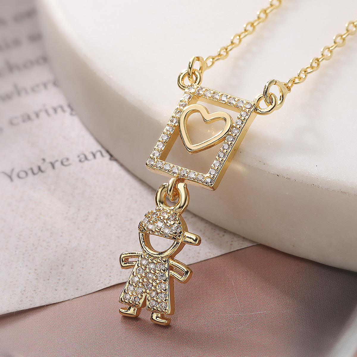 Minimalist 18K Gold Plated Brass Heart Pendant Necklace with Cubic Zirconia for Boys and Girls