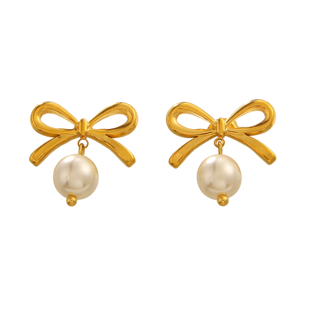Ins Style 18K Gold Plated Stainless Steel Bow Knot Pearl Drop Earrings for Women