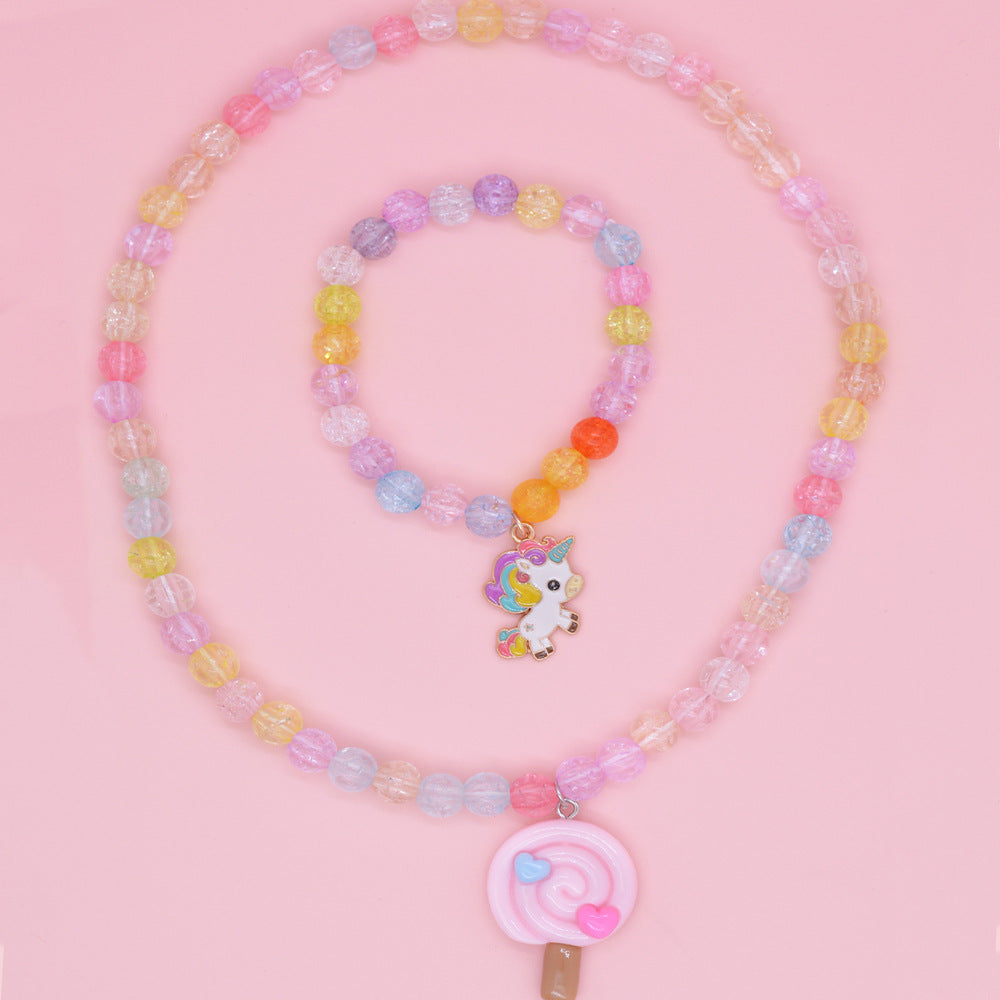 Collana con Pendente Unicorno Cartone Animato per Bambini in Resina con Catena di Perline Rotonde, Set di Gioielli per Bambine in Stile Principessa