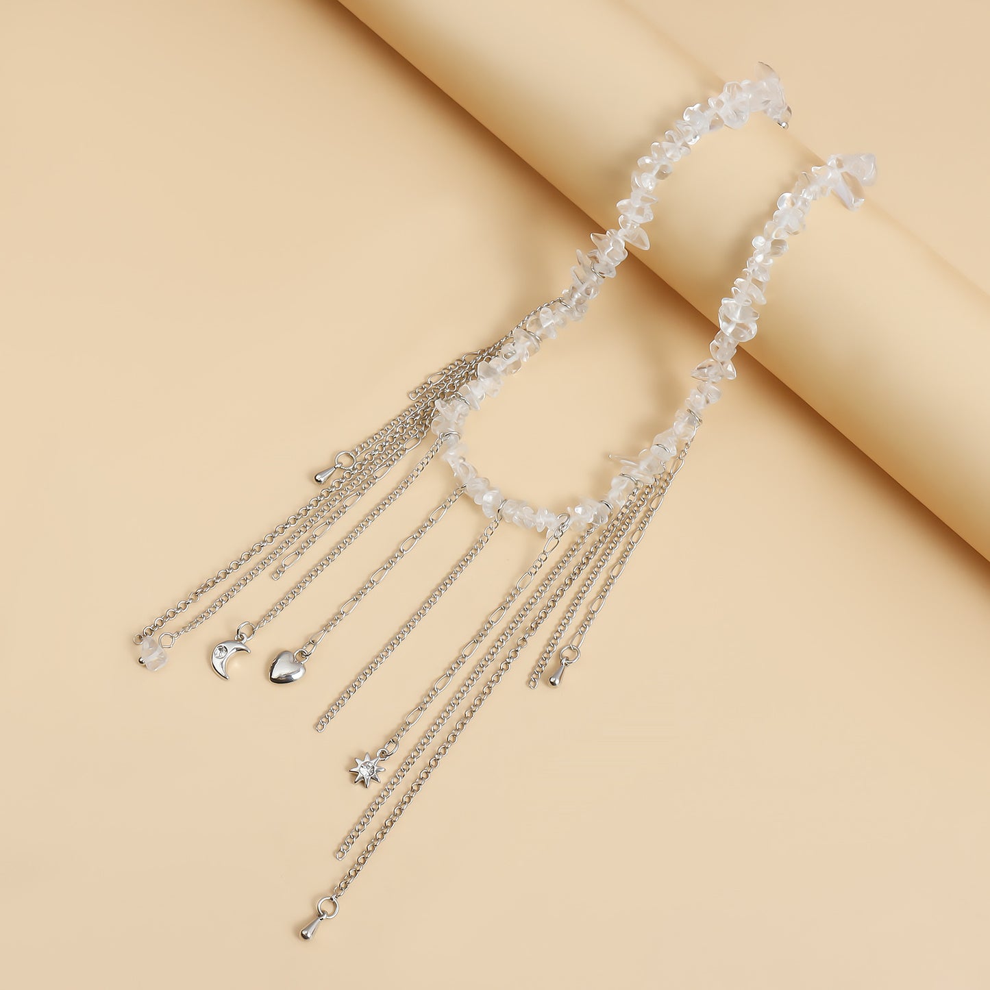 Minimalist Heart and Crescent Moon Pendant Necklace with Tassel Detail, Alloy Chain, Gold Plated, for Women