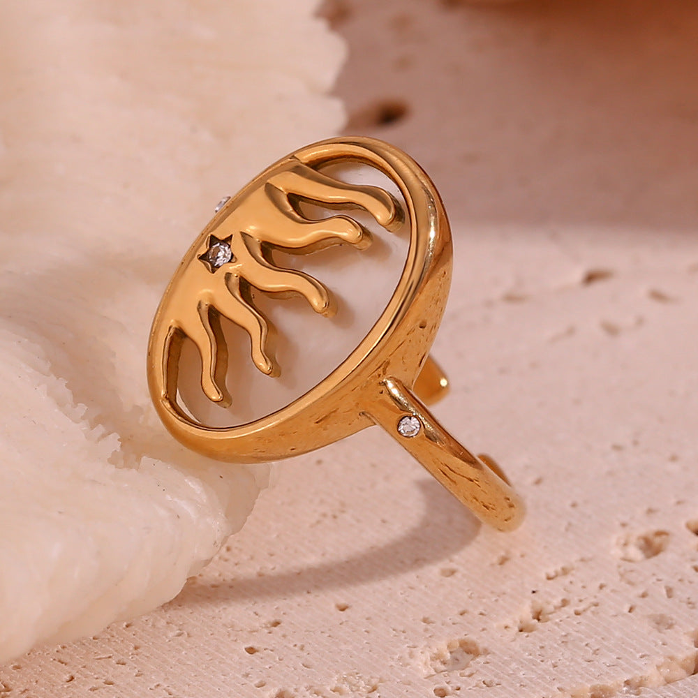 Vintage Geometric Stainless Steel Ring with 18K Gold Plating for Women