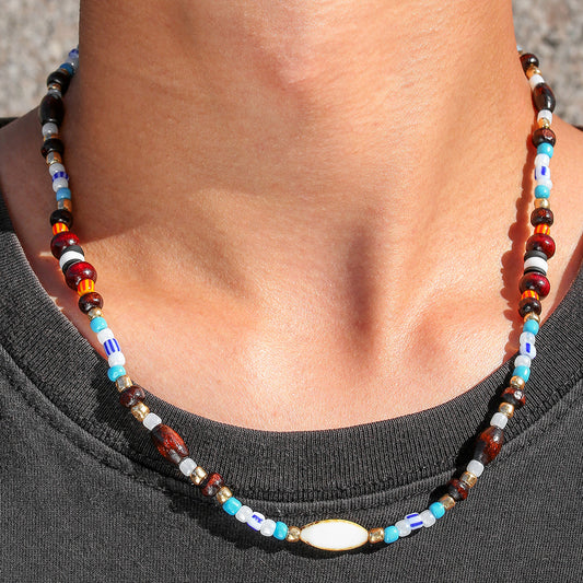 Vintage Sweet Geometric Wood Bead Shell Pendant Necklace Handmade Cable Chain