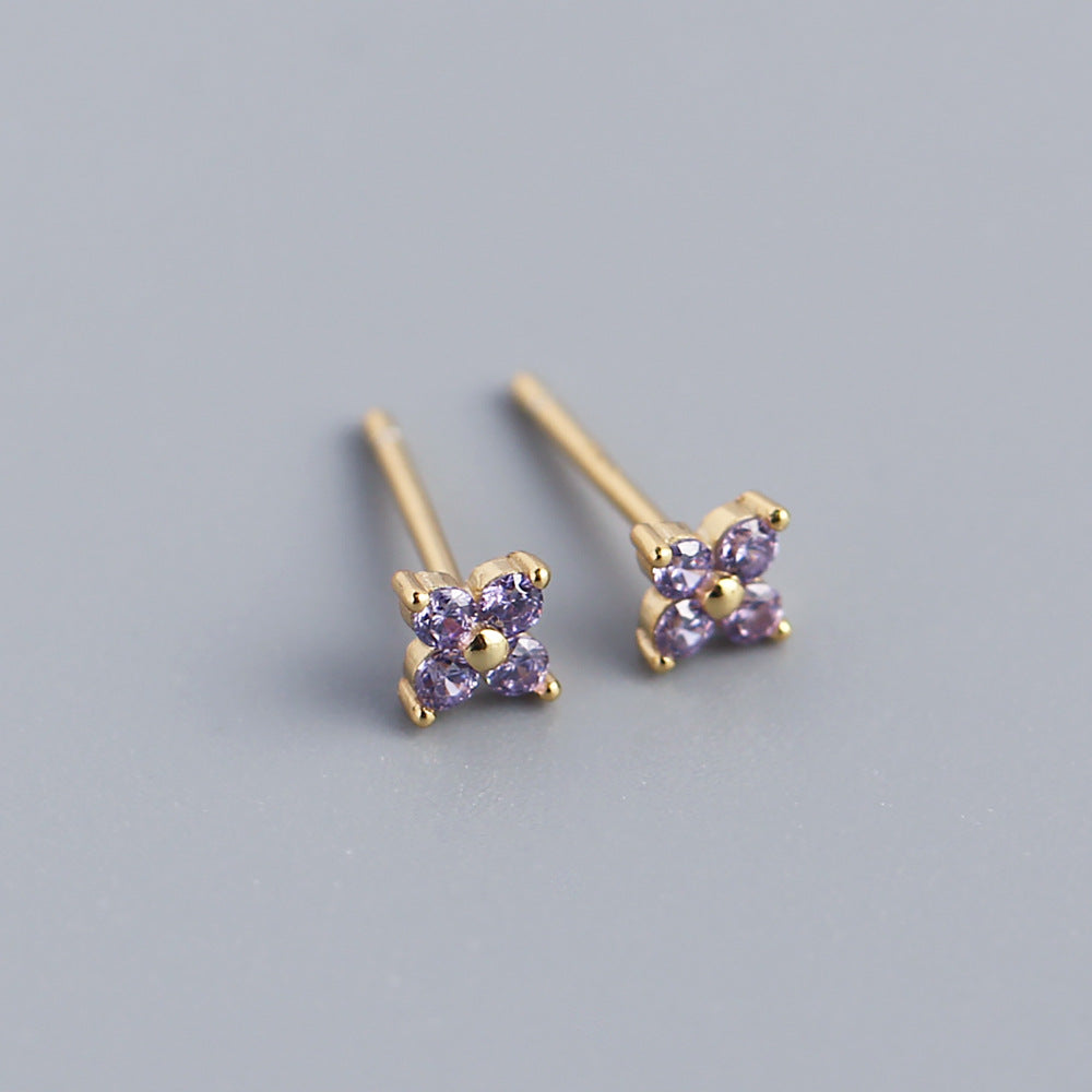 Minimalist Sweet 925 Sterling Silver Inlaid Rhinestone Floral Stud Earrings