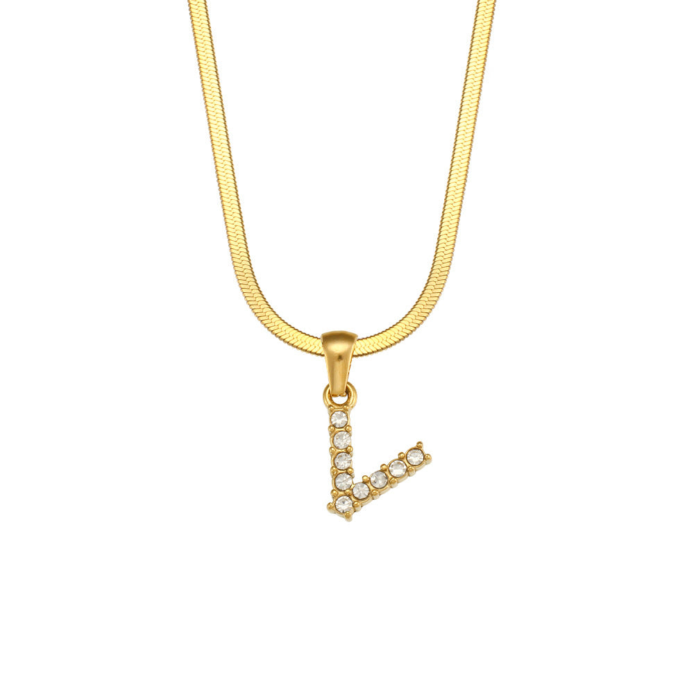 Collana Minimalista con Ciondolo a Lettera in Acciaio Inossidabile con Placcatura in Oro 18K e Zircone su Catena a Serpente Piatta per Donna