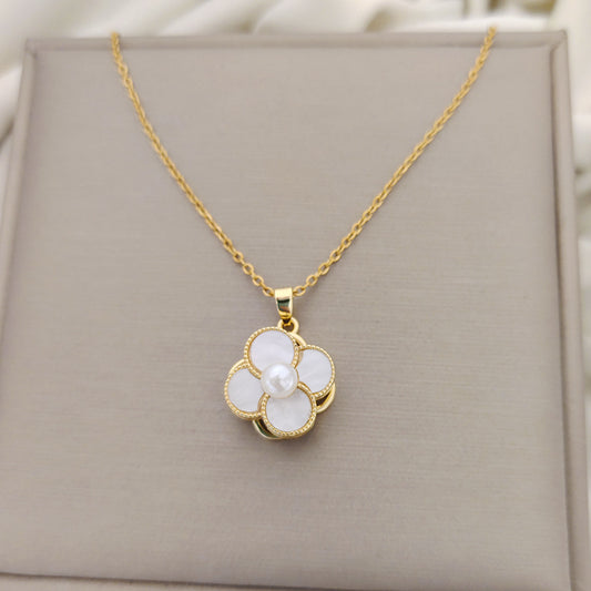 Minimalist Four-Leaf Clover Pendant Necklace in Titanium Steel with Rhinestone-Inspired Pearl Accents on O-Chain for Women and Men
