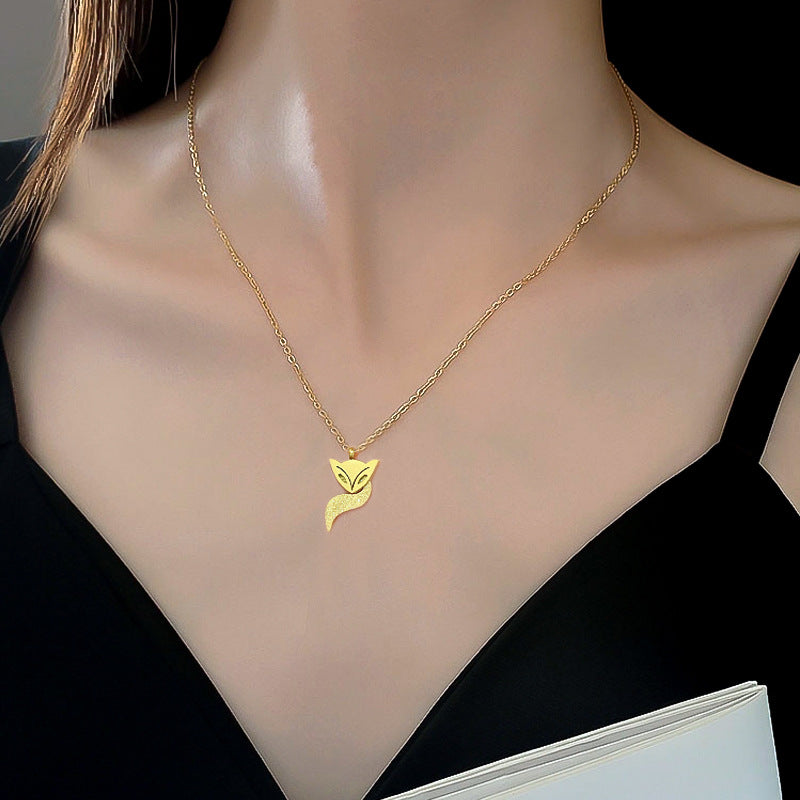 Minimalist Fox Pendant Necklace in Titanium Steel with Gold Plating for Women and Men, Geometric Locket Style Clavicle Chain