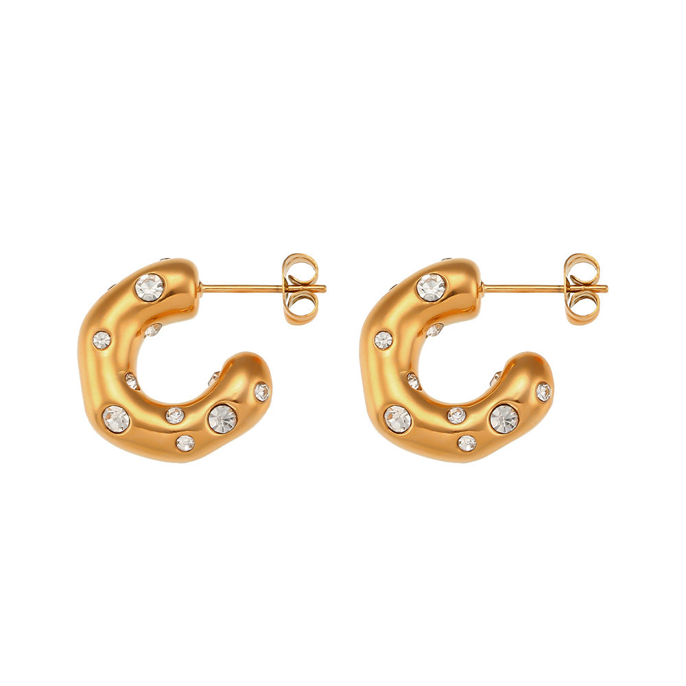 Orecchini a Cerchio Minimalisti Moderni Geometrici a C in Acciaio Inossidabile con Placcatura in Oro 18K e Intarsio in Zirconi da Donna