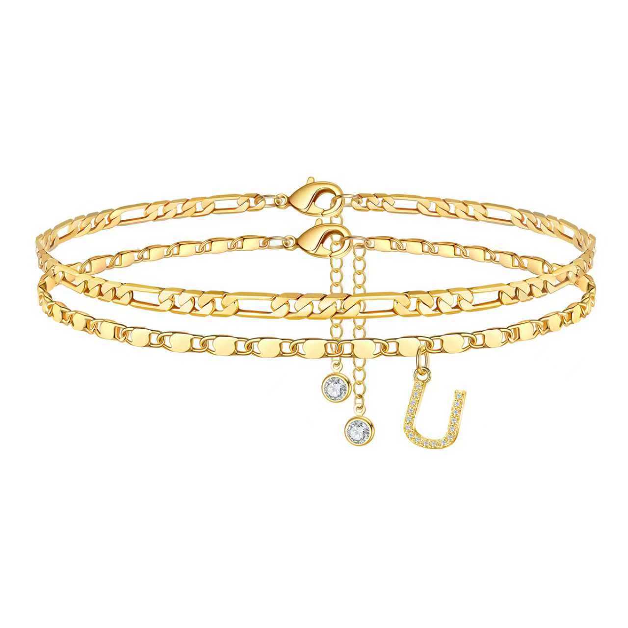 Bohemian Gold Plated Alloy Letter Cubic Zirconia Figaro Chain Anklet for Women