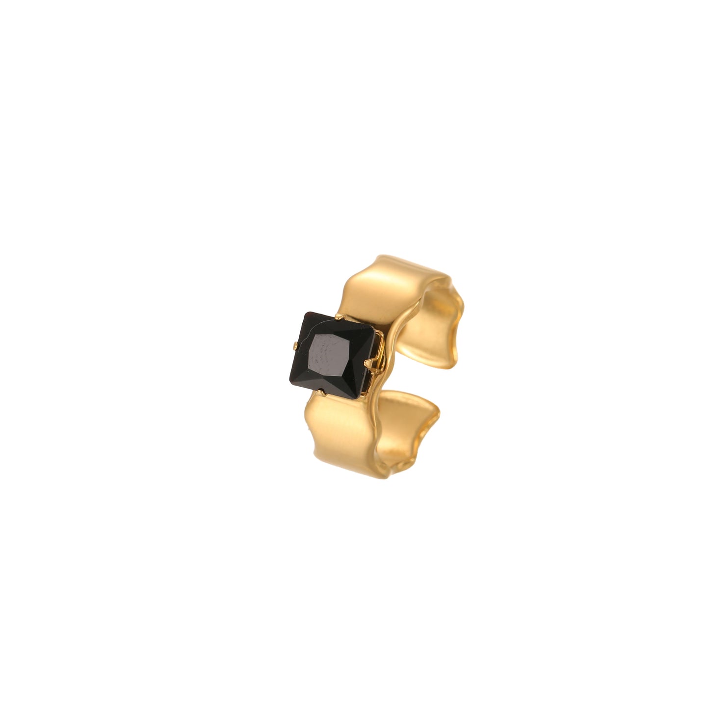 Anillo de acero titanio geométrico minimalista con incrustaciones de diamantes de imitación, banda abierta ajustable para mujer