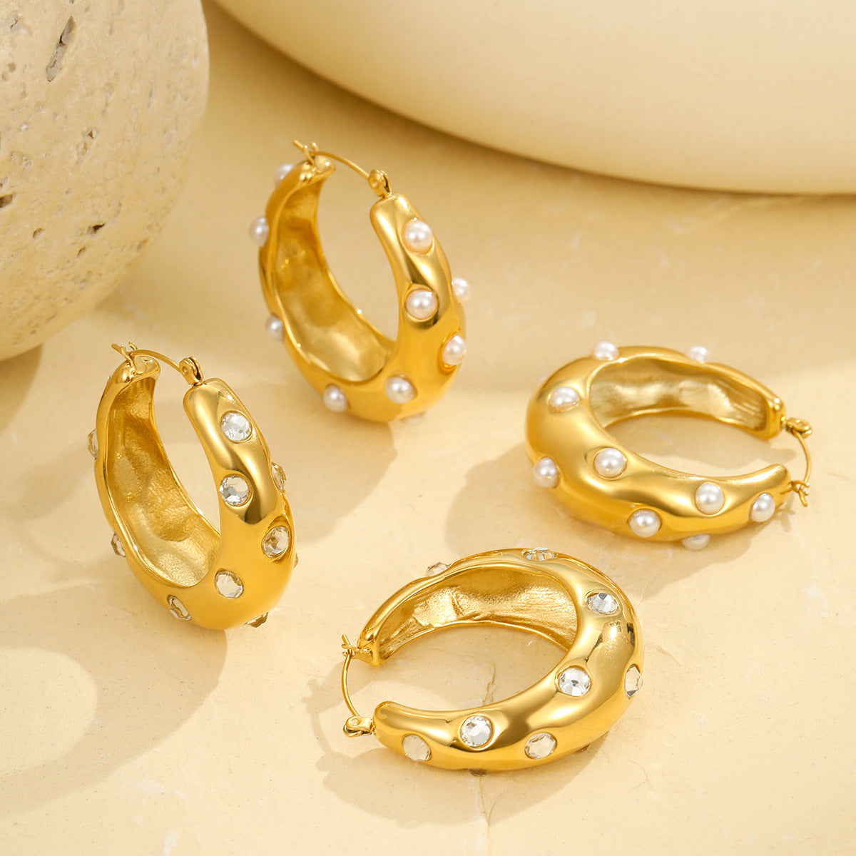 Pendientes de aro de acero inoxidable con diseño geométrico de moda, chapados en oro de 18 quilates, con incrustaciones de perlas y circonitas para mujer